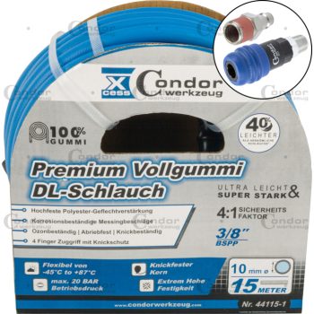   DL tömlő ø10mm x 15m, csúcsminőségű tömörgumi, gyorscsatlakozó