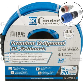  DL tömlő ø10mm x 20m, csúcsminőségű tömör gumi, 2 fokozatú csatlakozó, ultra könnyű
