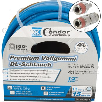   DL tömlő ø13mm x 15m, csúcsminőségű tömörgumi, gyorscsatlakozó