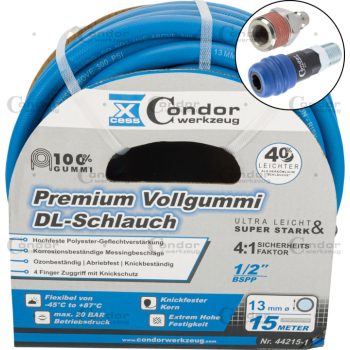   DL tömlő ø13mm x 15m, csúcsminőségű tömör gumi, 2 fokozatú csatlakozó