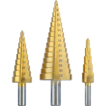 Lépcsős fúró készlet, 3 db, HSS, 4-12 / 4-20 / 4-32 mm